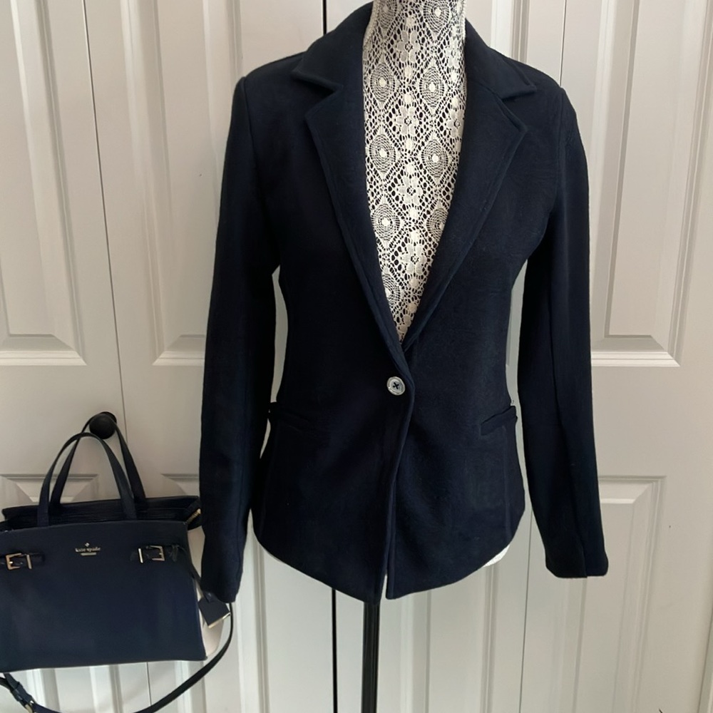 Classic Navy “sweater” blazer with one button front closure and shorter back